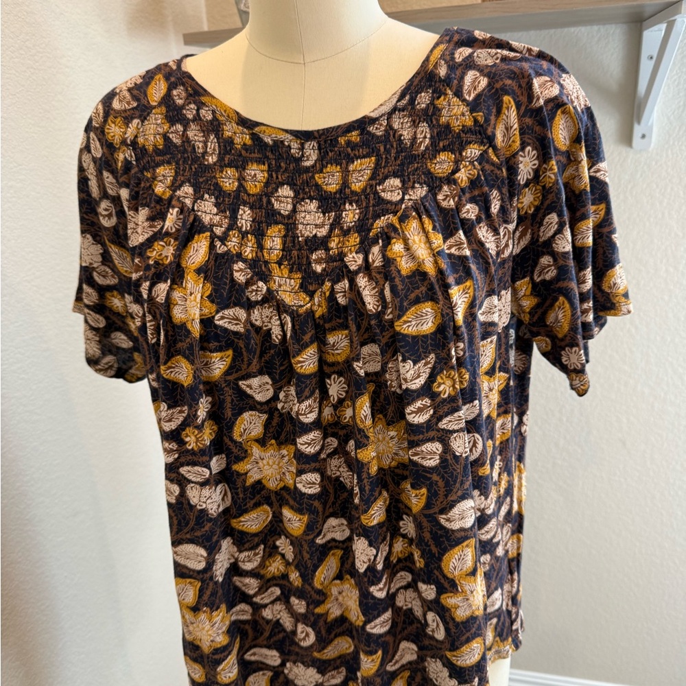 Lucky Brand Navy and Yellow Floral Blouse